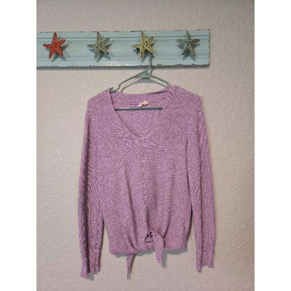 Anthropologie Moth Lavender Tie Front V-Neck Knit Sweater Womens XS Purple